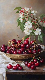碗中鲜樱桃与花卉静物画