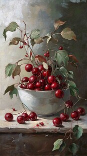 碗中红樱桃与绿叶静物图