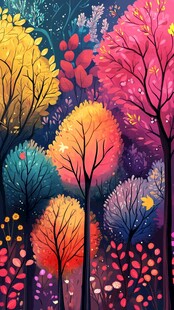 梦幻多彩森林夜景插画