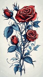 手绘红玫瑰插画艺术作品