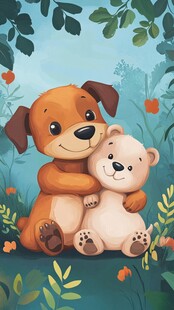 小狗与小熊温馨拥抱场景