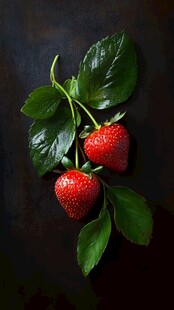 两颗带叶鲜草莓特写