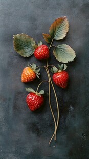 新鲜草莓与绿叶的静物组合