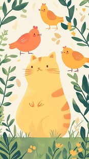 猫咪与小鸟的温馨画面