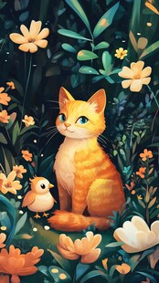 橘猫与小鸟的静谧花园