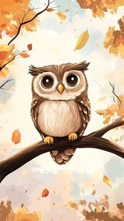 秋日枝头的可爱猫头鹰