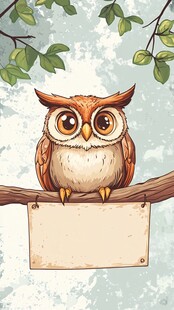 枝头猫头鹰与空白标牌