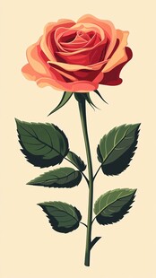 单枝橙红色玫瑰插画