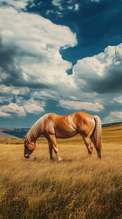 草原骏马悠然低头吃草