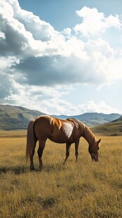 草原骏马悠然吃草的美景