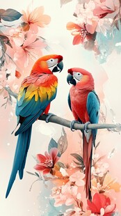双鹦鹉栖于繁花枝头