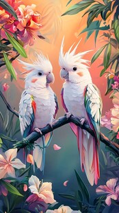 鹦鹉栖于繁花枝头