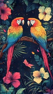 双鹦鹉栖于繁花绿叶间