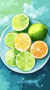 水彩盘中青柠与橙子切片