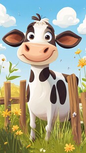 可爱奶牛站在田园栅栏边