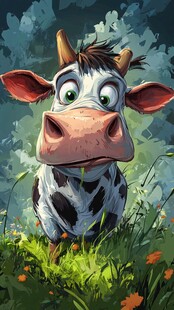 可爱卡通牛在绿意草地中