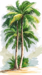 热带海滩三棵高大椰子树