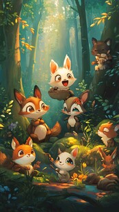 森林中的可爱狐群小动物