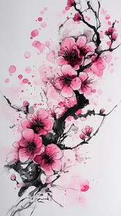 水墨风绽放的娇艳梅花