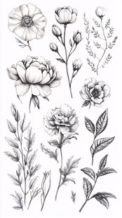 黑白手绘花卉植物素材