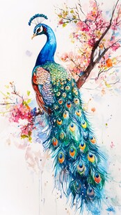 孔雀栖于繁花枝头