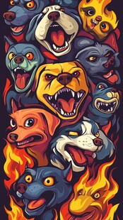 火焰中咆哮的狗狗群像
