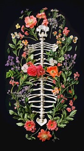 花卉环绕的人体骨骼艺术