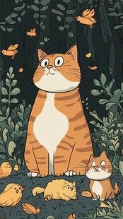 森林中猫咪与飞鸟的惬意时光