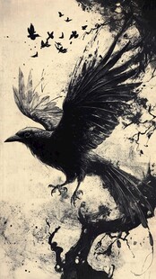 展翅黑鸦与群鸟艺术画面