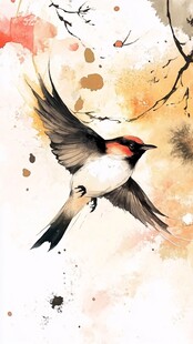 水彩画中展翅飞翔的小鸟