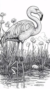 火烈鸟立于花草水边图景