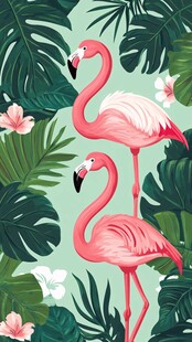 热带风情中的双火烈鸟