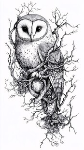 猫头鹰栖息于树枝黑白插画