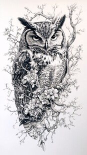 猫头鹰栖息繁花树枝间