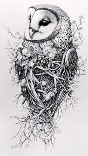 猫头鹰与花卉根系艺术图