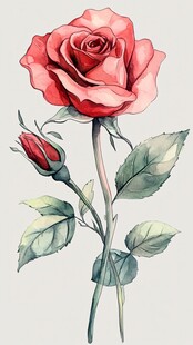 手绘红玫瑰与花苞插画