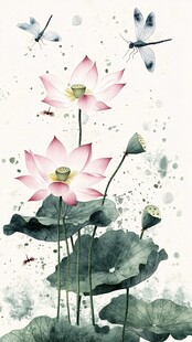 水墨荷花蜻蜓诗意画卷