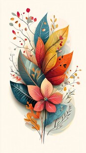 缤纷秋叶与娇艳花朵插画