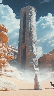 沙漠中人与神秘巨石景观