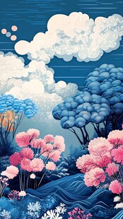 梦幻蓝粉系自然风景插画