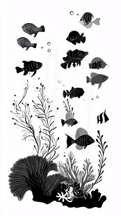 黑白海洋鱼类与珊瑚图景