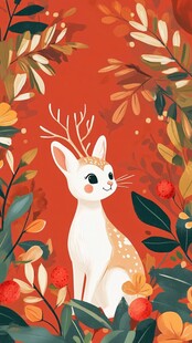 鹿栖繁花间的温馨插画