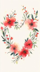 心形花卉花环水彩插画