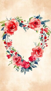 心形玫瑰花卉水彩图案