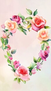 心形玫瑰花卉水彩花环