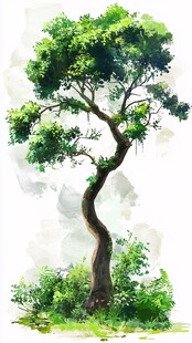 水墨风孤树绿意盎然