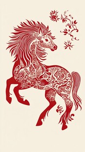 红色花纹骏马剪纸图案