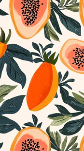 木瓜与绿叶的清新插画