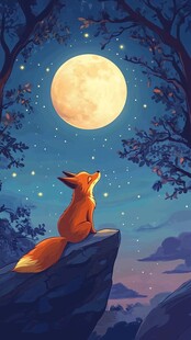 狐狸月夜凝望星空美景