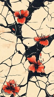 裂纹背景上的艳丽红花朵